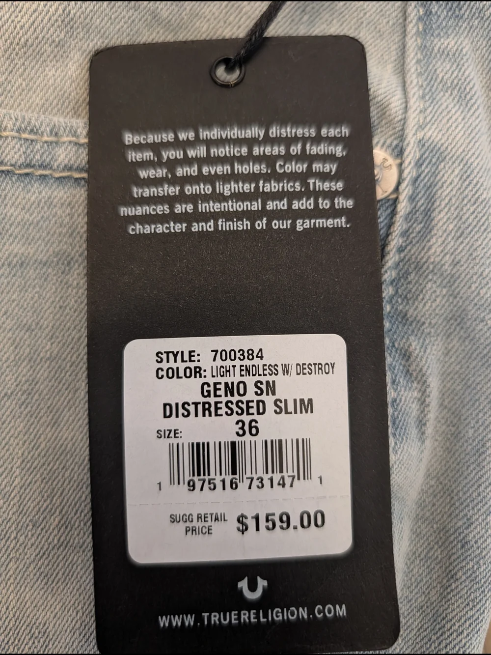 Men's True Religion Geno Relaxed Slim Fit  Distressed Jeans Size 36x32 NWT
